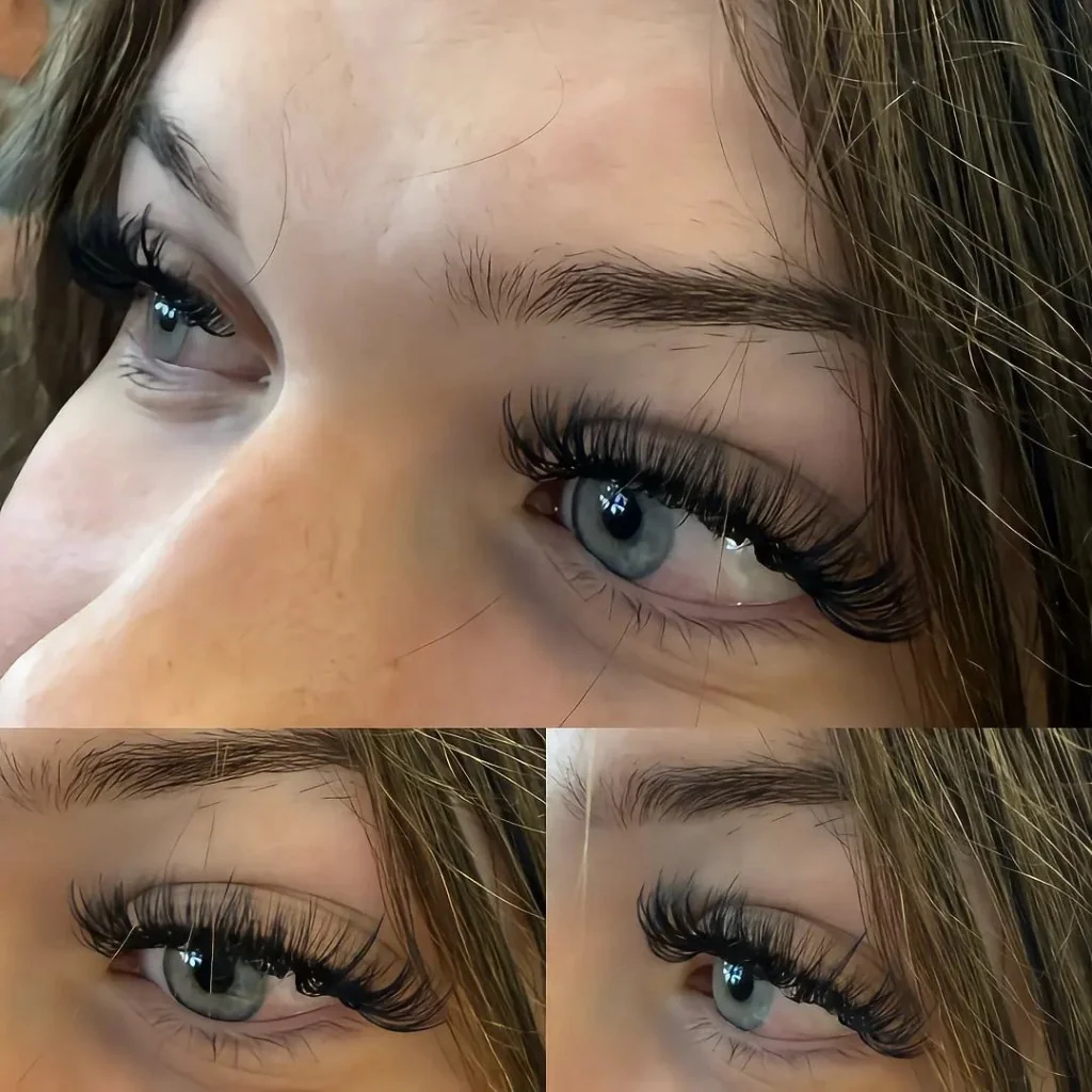 Collage of close-up photos showing full eyelash extension sets on blue eyes.